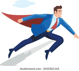 A businessman with a superhero cape is flying swiftly upwards in this vector illustration