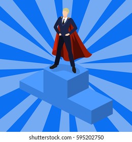 Businessman in superhero cape on winners podium. Abstract background with rays.