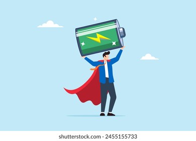 Businessman superhero carry fully charged recharge battery, illustrating fully energized and ready to work. Concept of replenishing energy level, refreshing from exhaustion, and recovery from burnout