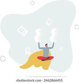 businessman superhero carry load of paperwork documents.flat vector illustration.