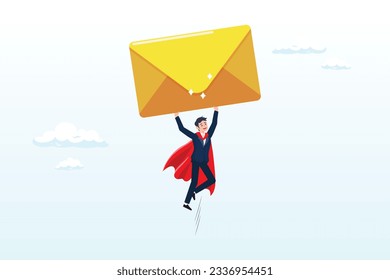 Superhéroe empresario que carga un sobre de correo electrónico grande volando a la dirección del destinatario, comunicación por correo electrónico, campaña de marketing desde la suscripción, envío de mensajes o concepto de información (Vector)