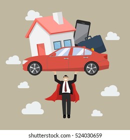 Businessman superhero carrying debt burden. Business concept