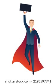 Businessman superhero character. Office worker or manager in costume and red fluttering cloak cape. Cartoon powerful man in spectacular action pose superhero. Vector isolated on white background