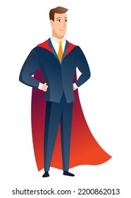 Businessman superhero character. Office worker or manager in costume and red fluttering cloak cape. Cartoon powerful man in spectacular action pose superhero. Vector isolated on white background