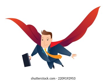 Businessman superhero character. Office worker or manager in costume and red fluttering cloak cape. Cartoon powerful man in spectacular action pose superhero. Vector isolated on white background