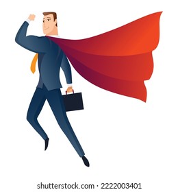 Businessman superhero character. Office worker or manager in costume and red fluttering cloak cape. Cartoon powerful man in spectacular action pose superhero. Vector isolated on white background