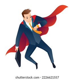 Businessman superhero character. Office worker or manager in costume and red fluttering cloak cape. Cartoon powerful man in spectacular action pose superhero. Vector isolated on white background