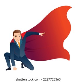 Personaje de superhéroe de negocios. Trabajador de oficina o gerente con traje y capa de rojizo. Un hombre poderoso de dibujos animados en acción espectacular representa a un superhéroe. Vector aislado en fondo blanco