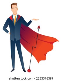 Businessman superhero character. Office worker or manager in costume and red fluttering cloak cape. Cartoon powerful man in spectacular action pose superhero. Vector isolated on white background