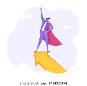 Businessman Superhero Character Standing on the Top of Big Arrow. Leadership, Goal Achievement, Business Success Concept. Man Leader, Winner. Vector flat illustration