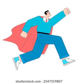 Concepto de superhéroe de hombre de negocios. Un ejecutivo confiado en una capa volando hacia adelante, representando liderazgo y ambición. Ilustración vectorial.