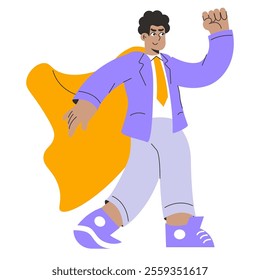 Businessman superhero concept. Dynamic male entrepreneur in a suit with a cape striking an empowering pose. Leadership and success metaphor. Vector illustration.