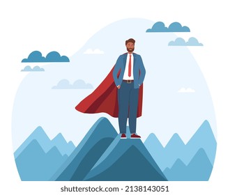 Concepto de superhéroe de negocios. Hombre en impermeable en la montaña. Caracteres con superpoderes. Metáfora del empresario exitoso, establecimiento de objetivos y visión para el futuro. Dibujo vectorial plano de dibujos animados