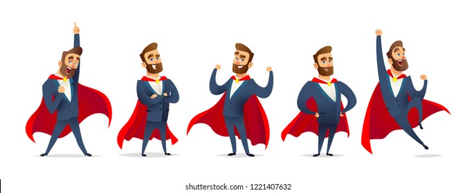 Businessman in a superhero costume. Character collection of business hero in various poses. Super manager set