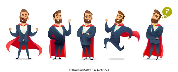 Businessman In A Superhero Costume. Character Collection Of Business Hero In Various Poses. Super Manager Set.