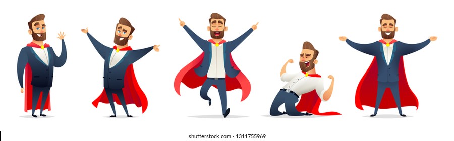 Businessman in a superhero costume. Character collection of business hero in various poses. Super manager set.