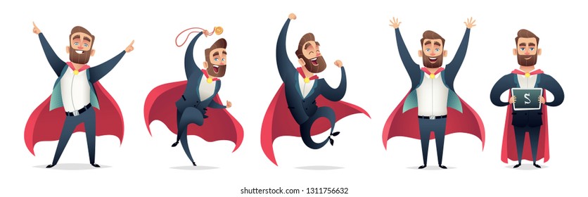 Businessman in a superhero costume. Character collection of business hero in various poses. Super manager set.