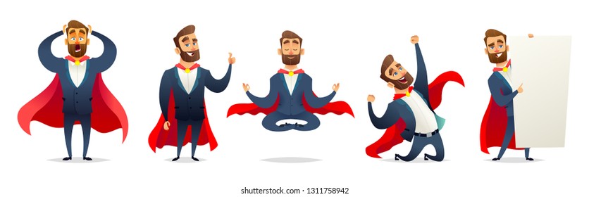 Businessman in a superhero costume. Character collection of business hero in various poses. Super manager set.