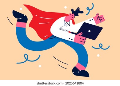 Businessman superhero and distant work concept. Young businessman cartoon character running with laptop feeling enthusiastic with ideas and innovation vector illustration 