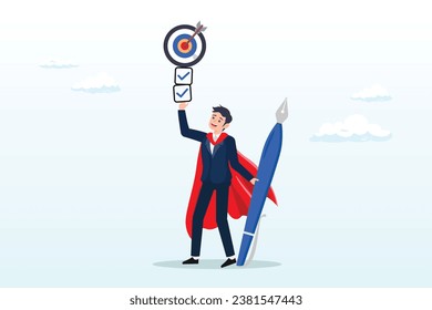 Businessman superhero finish task checklist to achieve work target, finish work and achieve goal, responsibility, effort, productivity or efficiency to complete project, challenge to success (Vector)