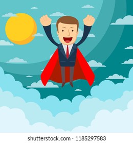 Businessman superhero flies up and leaves a cloud of dust. Super worker in the red robe takes off. Business concepts power and uniqueness. Stock flat vector illustration.