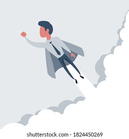 Businessman superhero flies up and leaves a cloud of dust. Super worker in the cloak takes off. Business concept of power and uniqueness. Vector flat design illustration.