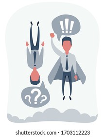 Businessman superhero flies up and leaves others down. Super worker in the cloak takes off. Vector flat design illustration.