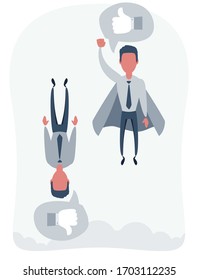 Businessman superhero flies up and leaves others down. Super worker in the cloak takes off. Vector flat design illustration.