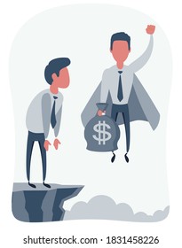 Businessman superhero flies up and leaves a surprised man on the cliff. Super worker in the cape takes off. Business conceptes - power and uniqueness