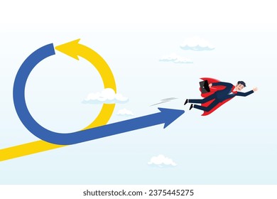 Businessman superhero fly with agile cycle, agile methodology in project management or software development, sprint or dev cycle to release and improve product, scrum process or workflow (Vector)