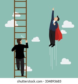 Businessman superhero fly pass businessman climbing the ladder. Business competition concept