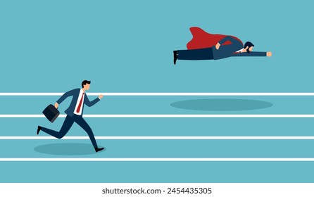 Businessman superhero fly pass his competitor. Business competition concept.