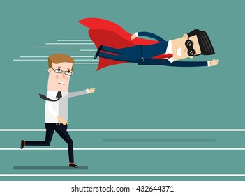 Businessman superhero fly pass his competitor. Business competition concept