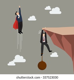 Businessman superhero fly pass businessman hold on the cliff with burden. Business concept