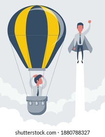 Businessman superhero fly pass Businessman in hot air balloon. Business competition concept. Shades of gray. Vector illustration flat design