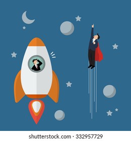 Businessman superhero fly pass businessman on a rocket. Business competition concept