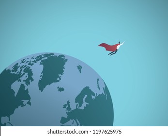 Businessman superhero flying around the world vector concept. Symbol of power, leadership, success. Eps10 vector illustraiton.