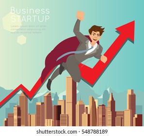 Businessman superhero flying fast for business start up.