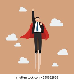 Businessman superhero flying into the sky. Business concept