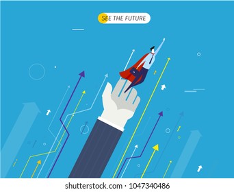 Businessman superhero flying looking to the future.