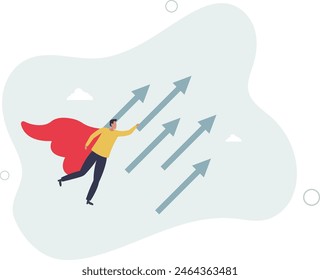 businessman superhero flying with rising arrow.flat vector illustration.