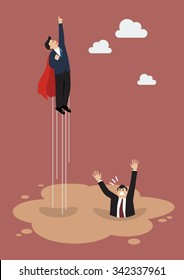 Businessman superhero gets away from puddle of quicksand. Business concept