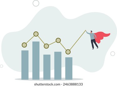 businessman superhero help pushing graph rising up.flat vector illustration.