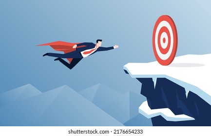 Businessman Superhero Illustrated That He Try To Reach His Target Across The Cliff