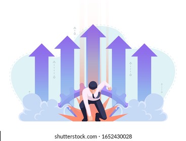 Businessman in superhero landing pose with growth arrow in background. Business leader and success concept.