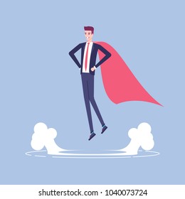 Businessman superhero levitating above the ground vector flat illustration. A man in formal wear and with a red ?ape flies up. Business concept strength and leader