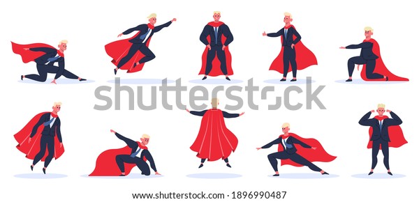 Businessman\
superhero. Office worker in action superhero poses, superhero male\
character in red cloak. Powerful businessman vector illustration\
set. Employee or super man in costume\
flying