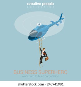 Businessman superhero on helicopter concept flat 3d web isometric infographic vector. Success and leadership, hard work and reward, security service super agent. Creative people collection.