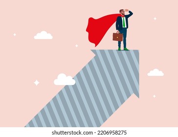 Businessman superhero with powerful red cape stand on growth arrow Success leadership leading business growth strategy, company hero achieve career growth. Flat vector illustration.