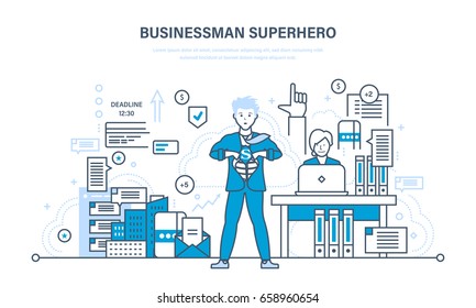 Businessman is a superhero, project management, success in work, time management, planning. Full portrait young men superhero. Illustration thin line design of vector doodles, infographics elements.